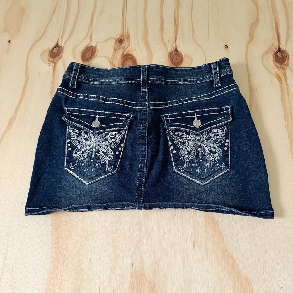 Romwe Y2K Jean Mini Skirt Butterfly Rhinestones Pockets Size L